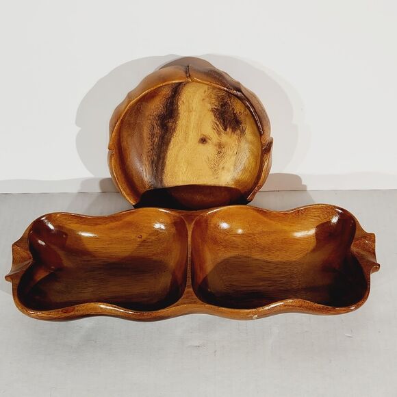 Monkey Pod Hawaiian Wood Lot of 2 Divided Serving Dish Flower Bowl Hand Carved - Picture 1 of 11